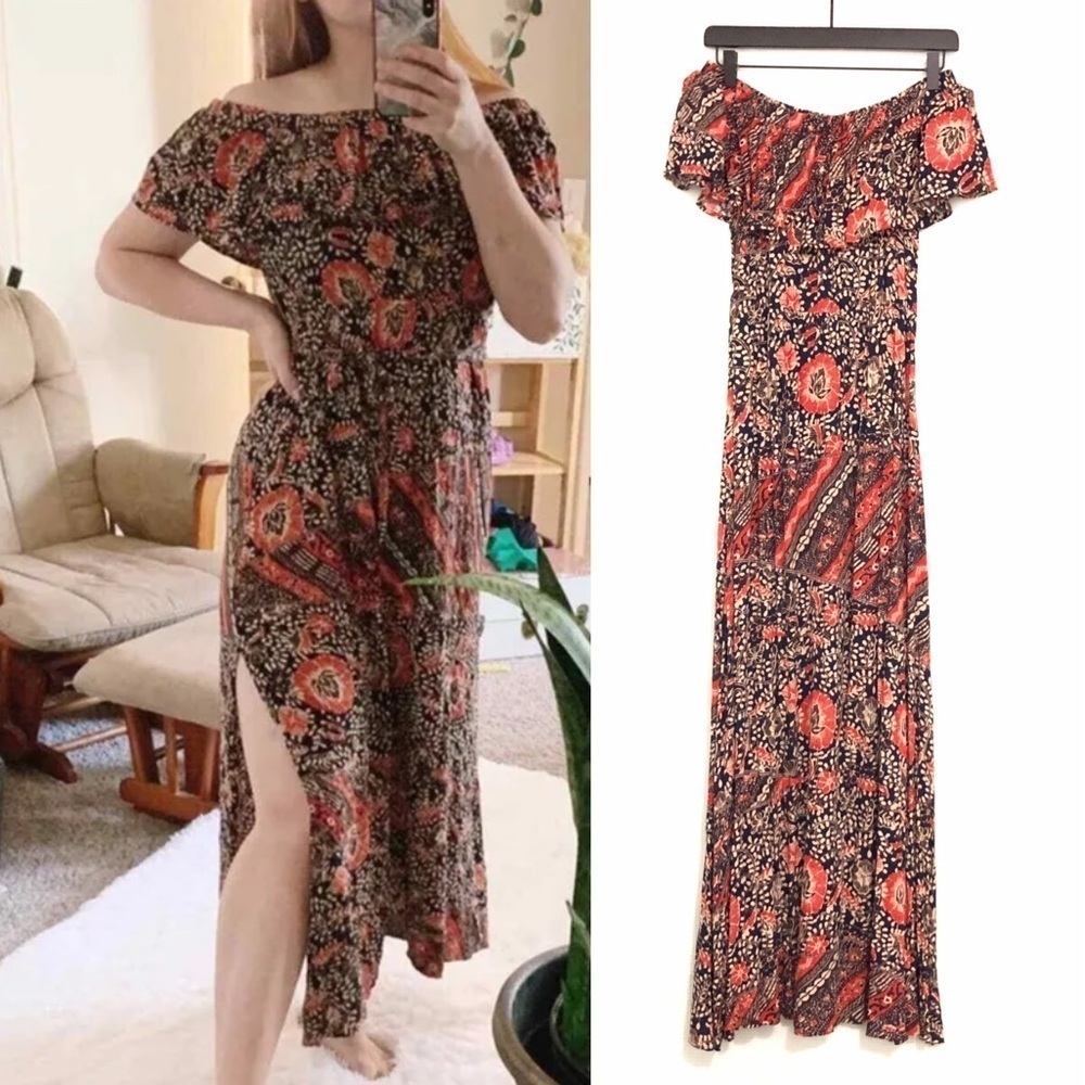 Lulu's Maxi Dress Flounce Neckline Off-The-Shoulder EUC Floral Women's Small
